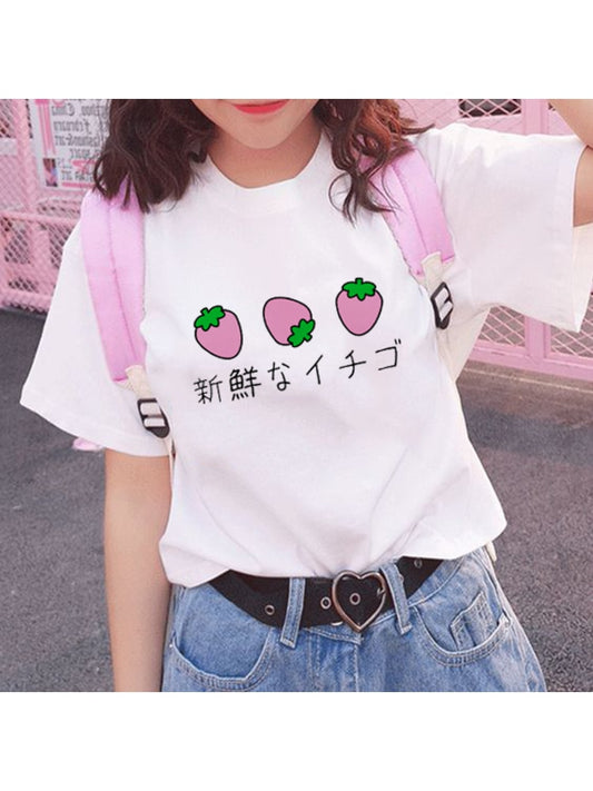 Japanese 90s Aesthetic Strawberry T-Shirt in white with cute strawberry graphic