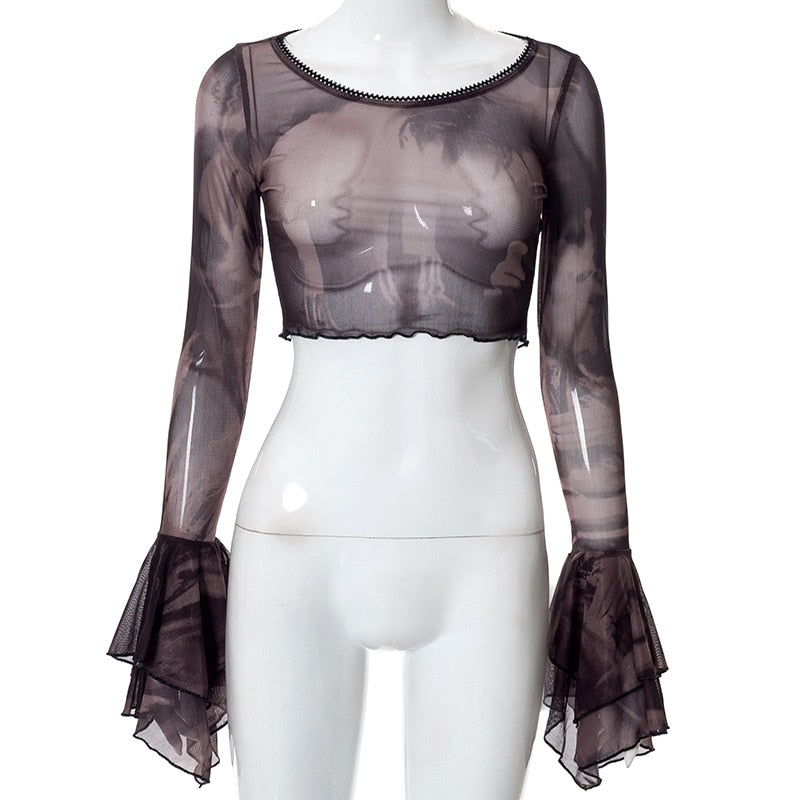 Gothic Mesh Crop Top with Flare Sleeves