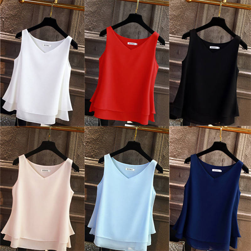 Summer Sleeveless Chiffon Blouse Solid V-neck