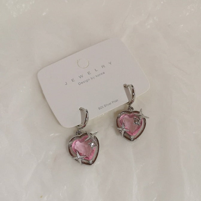 Gothic Chain Necklace with Pink Heart Drop Pendant and Earrings