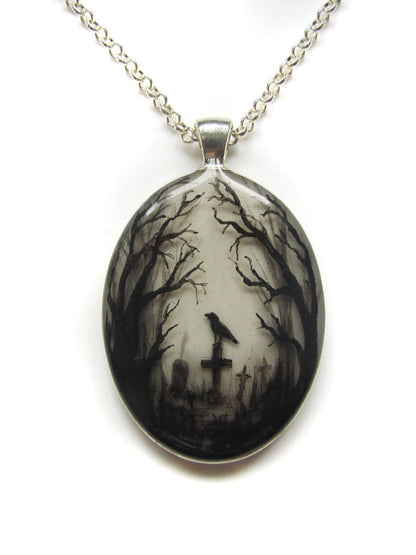Gothic Crow Forest Charm Necklace with Cross