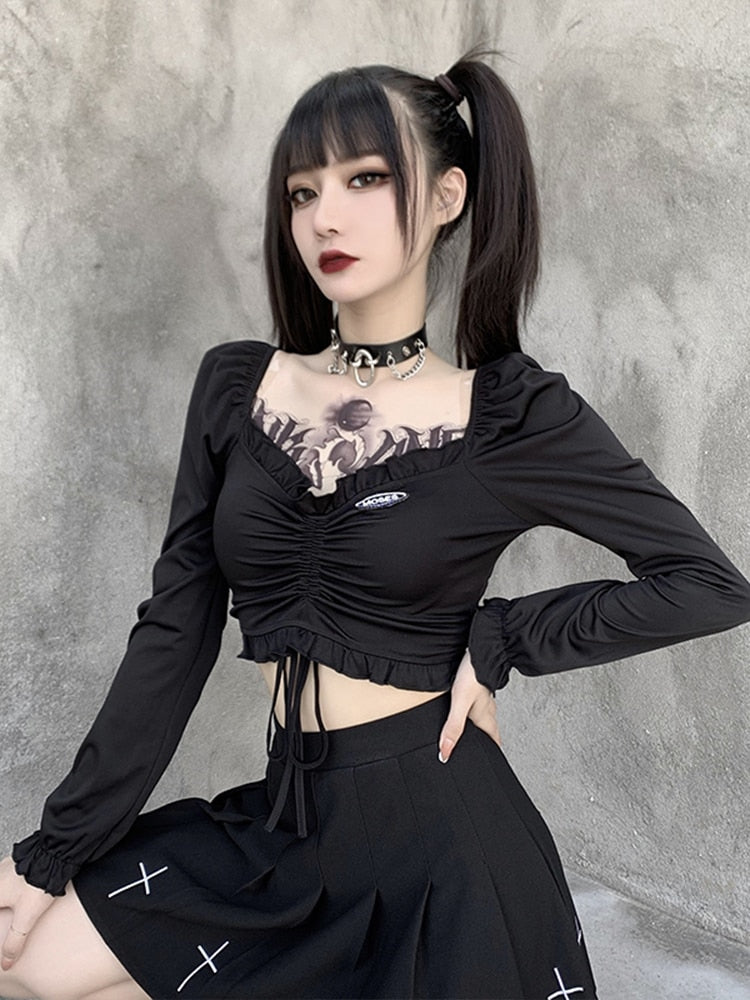 Gothic Black V-neck Crop Top