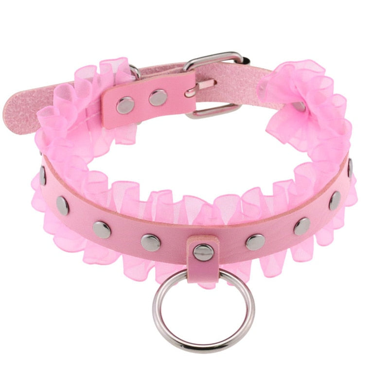 Gothic Leather Choker Necklace with Ring and Ribbon