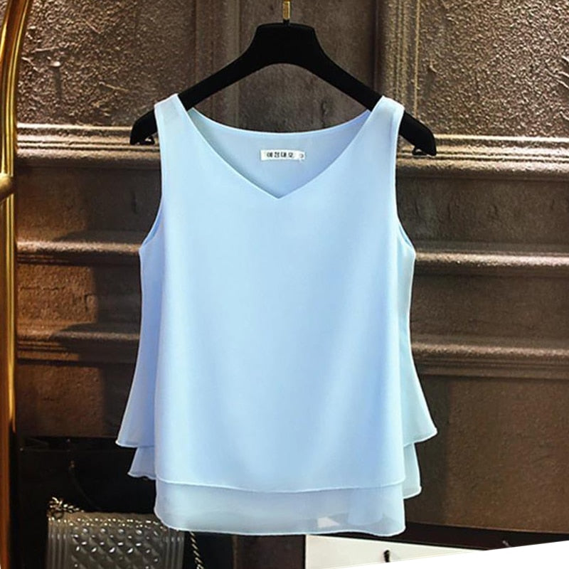 Summer Sleeveless Chiffon Blouse Solid V-neck