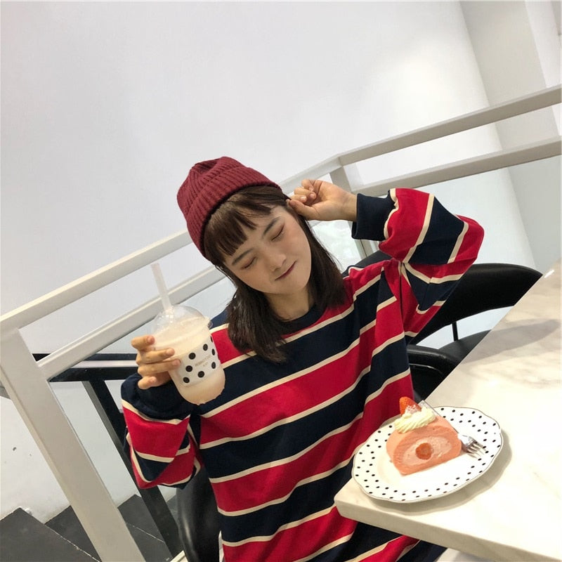 Gothic Japan style Stripe Cotton Hoodie for Women