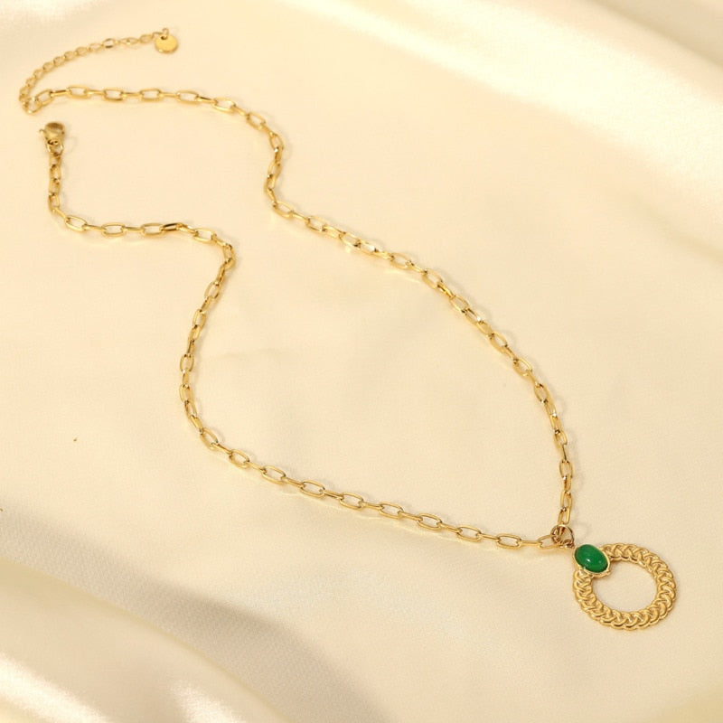 Stainless Steel Twist Green Cross Chain Necklace