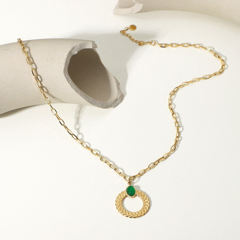 Stainless Steel Twist Green Cross Chain Necklace