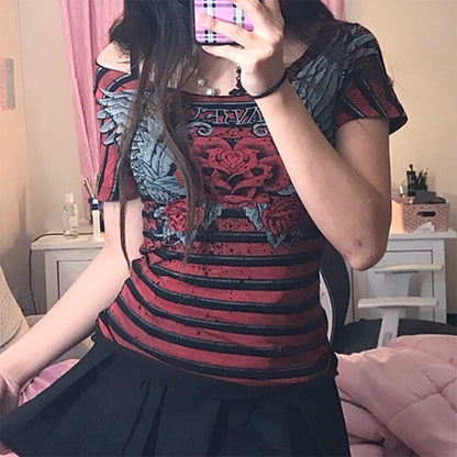 Gothic Y2K style rose crop top with horizontal stripes