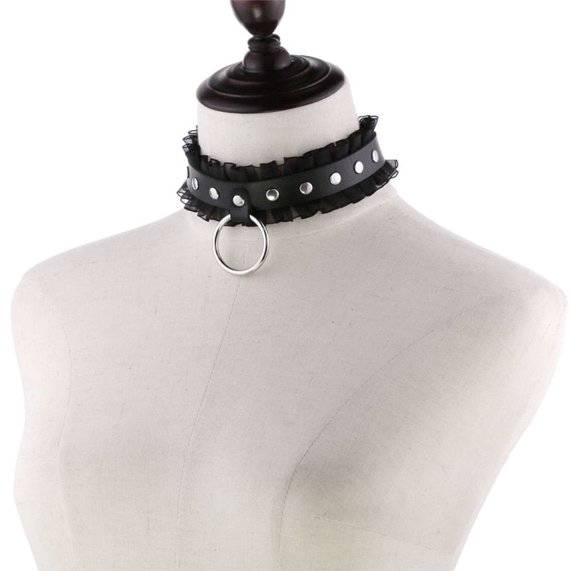 Gothic Leather Choker Necklace with Ring and Ribbon