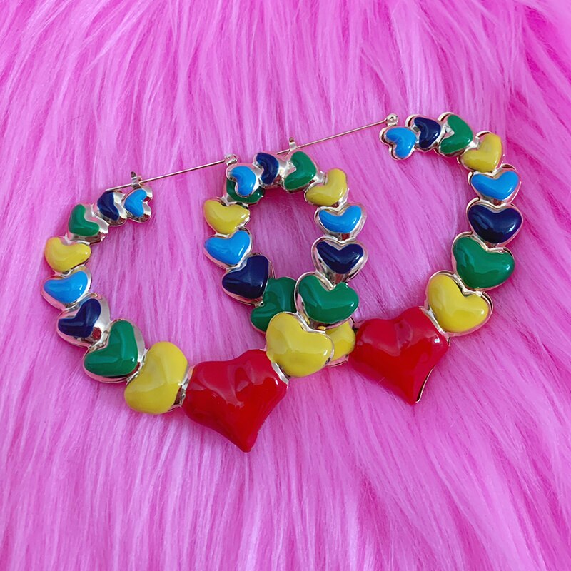Gothic Rainbow Heart Hoop Earrings Korean Fashion