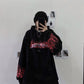 Black Oversized Hoodie with Punk Flame Print - Gothic Sweatshirt"