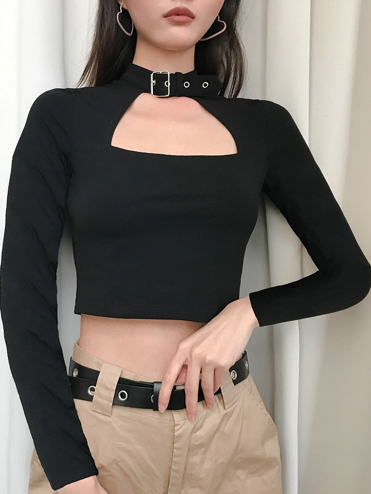 Gothic Cut-Out Black Harajuku Crop T-Shirt -