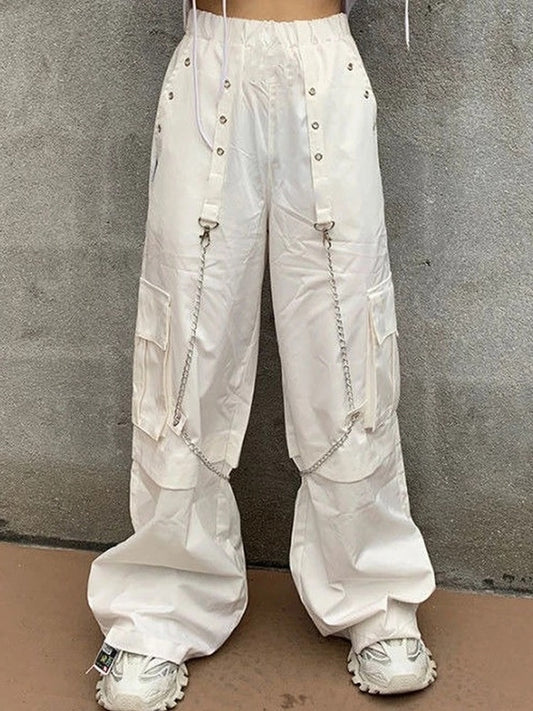 Gothic White Cargo Pants with Chain