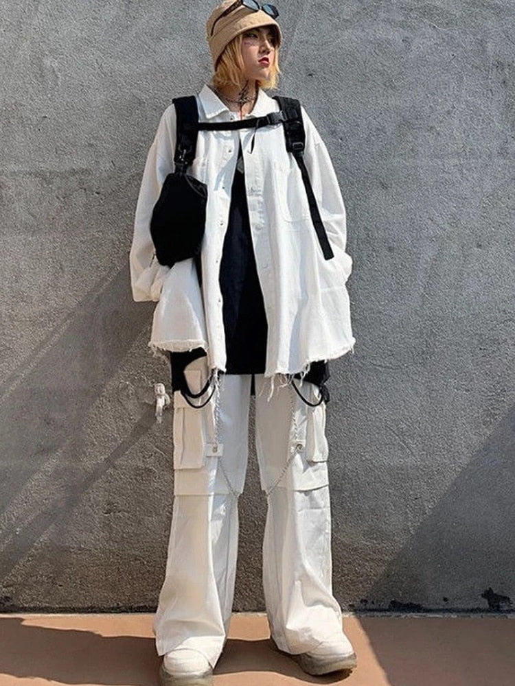 Gothic White Cargo Pants with Chain