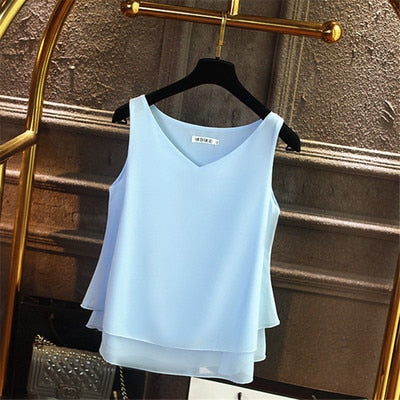 Summer Sleeveless Chiffon Blouse Solid V-neck