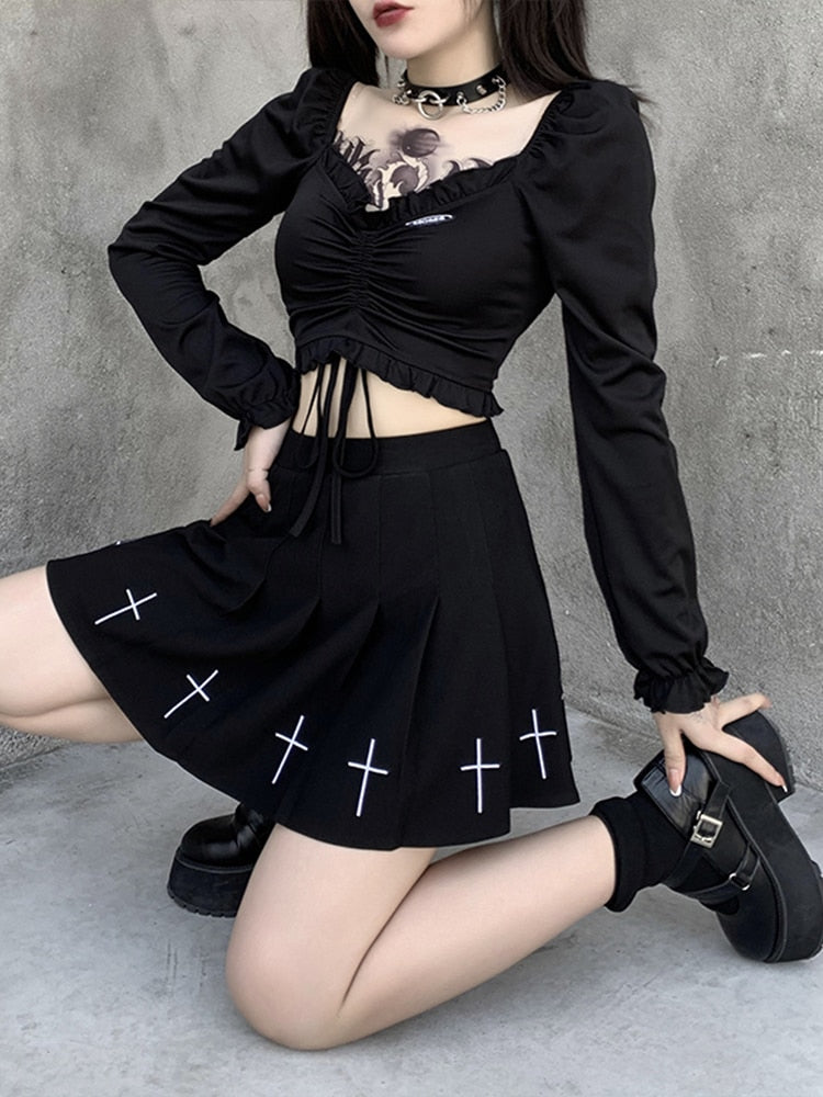 Gothic Black V-neck Crop Top