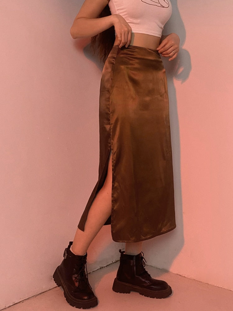 Chic Satin Skirt with High Waist and Side Slit Detail for Women