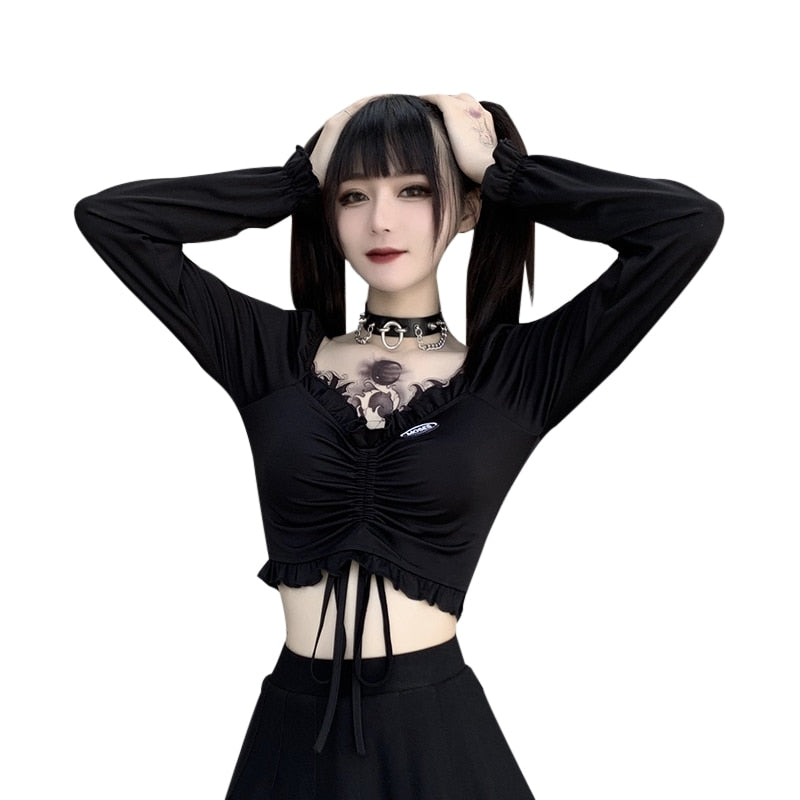 Gothic Black V-neck Crop Top