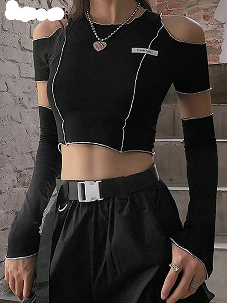Edgy and stylish Gothic crop top with open shoulders, ideal for alternative fashion enthusiasts."
