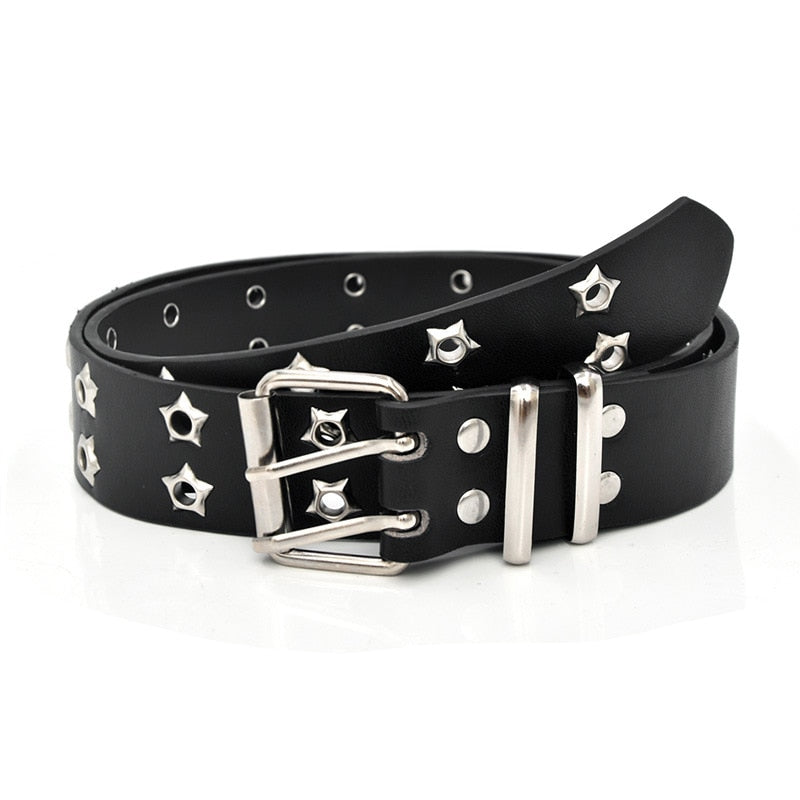 Gothic Leather Belt with Double Star Eye Rivets and Double Pin Buckle