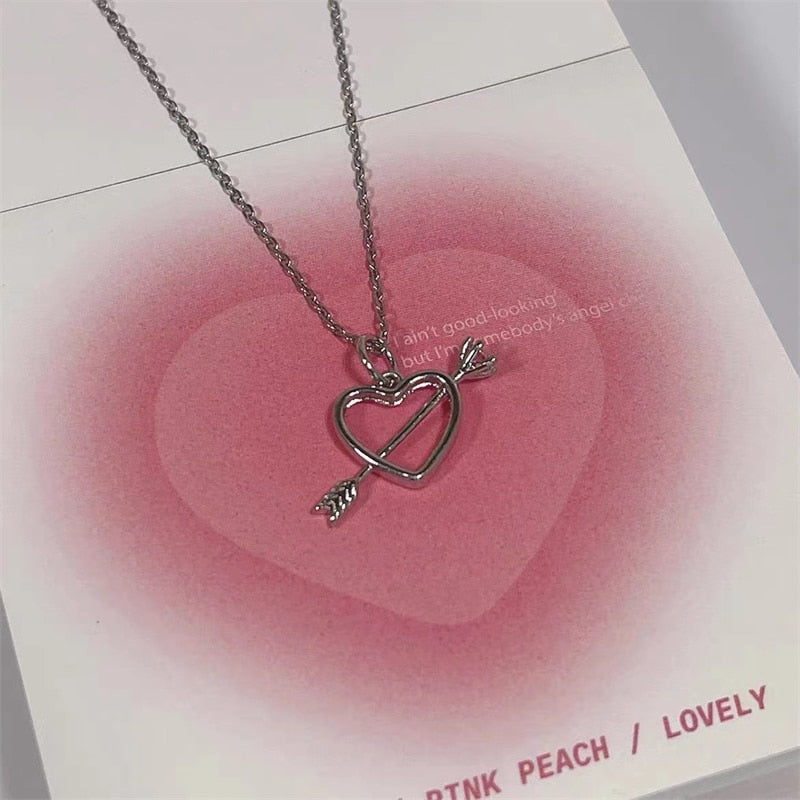 Gothic Chain Necklace with Pink Heart Drop Pendant and Earrings
