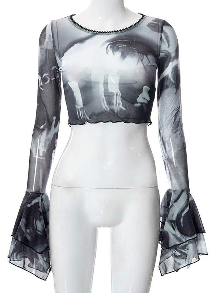 Gothic Mesh Crop Top with Flare Sleeves