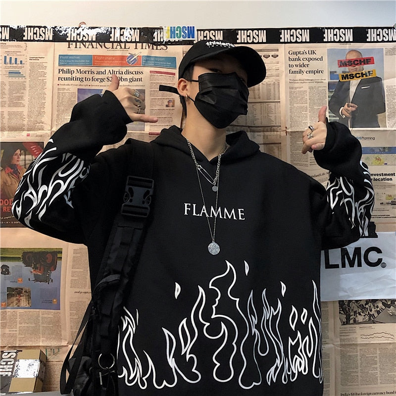 "Edgy Gothic Sweatshirt with Flame Print - Oversized Zip Up Hoodie"