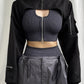 Black Gothic jacket for women with short length and metal hardware detailing