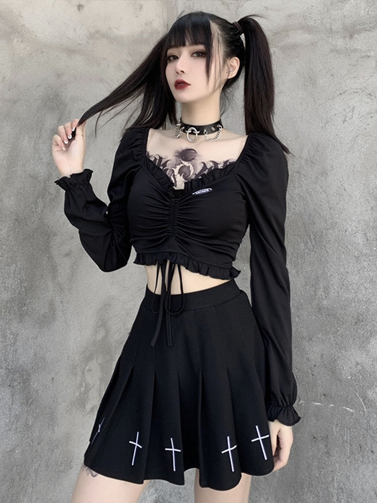 Gothic Black V-neck Crop Top