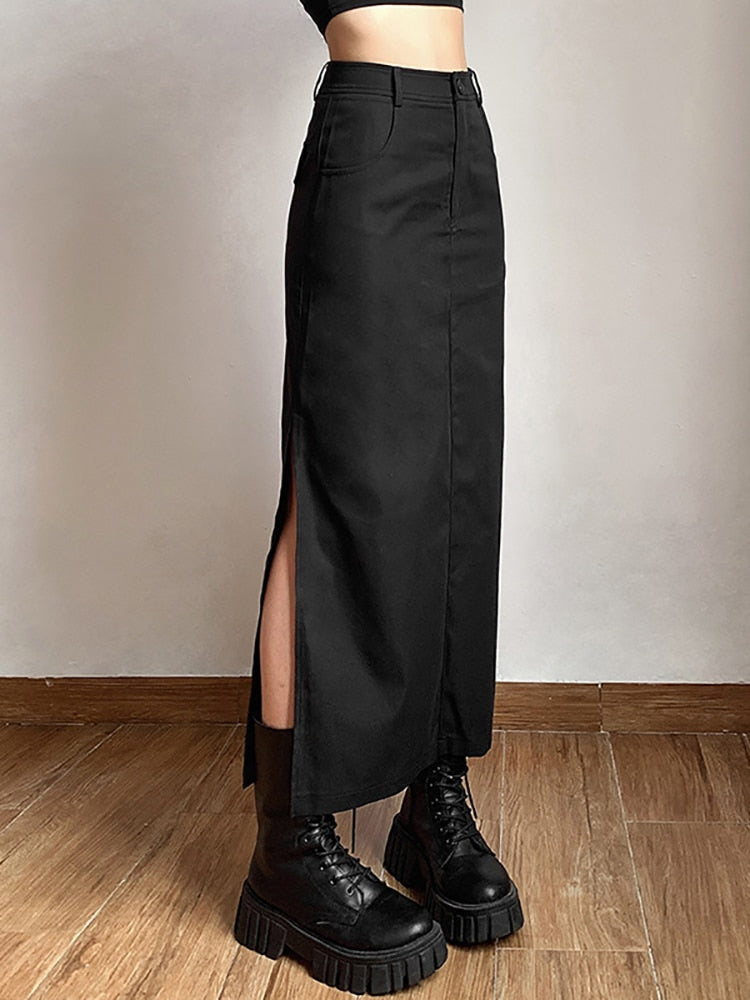 Gothic Casual Tag Split Women Midi Skirt