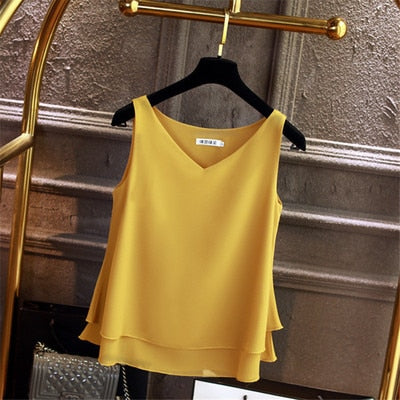 Summer Sleeveless Chiffon Blouse Solid V-neck