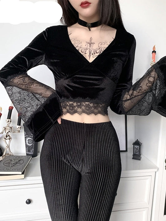 Gothic Long Sleeve T-shirt with Lace Patchwork Flare: A dark and alluring long sleeve t-shirt featuring sexy lace patchwork and flared cuffs.Gothic Long Sleeve T-shirt with Lace Patchwork Flare: A dark and alluring long sleeve t-shirt featuring sexy lace patchwork and flared cuffs.