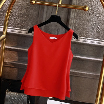 Summer Sleeveless Chiffon Blouse Solid V-neck