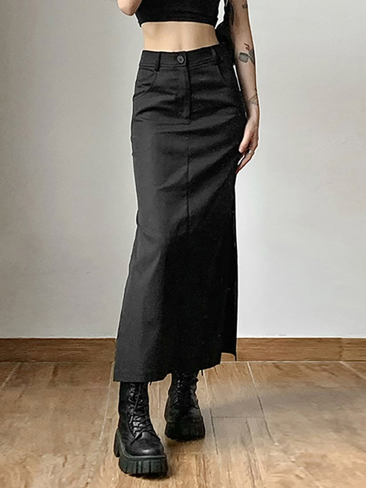 Gothic Casual Tag Split Women Midi Skirt