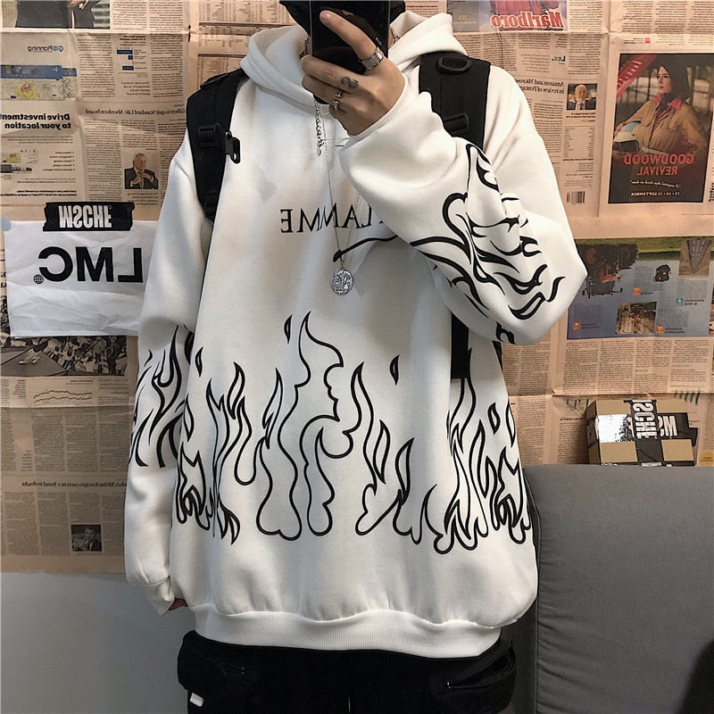 Black Gothic Sweatshirt with Flame Print - Oversized Punk Hoodie