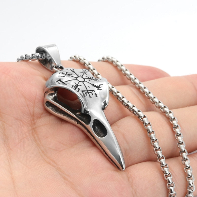 Gothic Chain Necklace with Odin Crow Skull Pendant