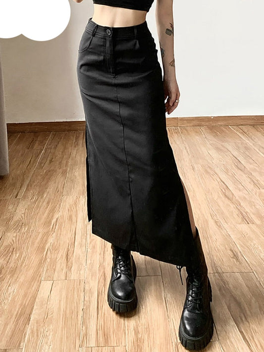 Gothic Casual Tag Split Women Midi Skirt