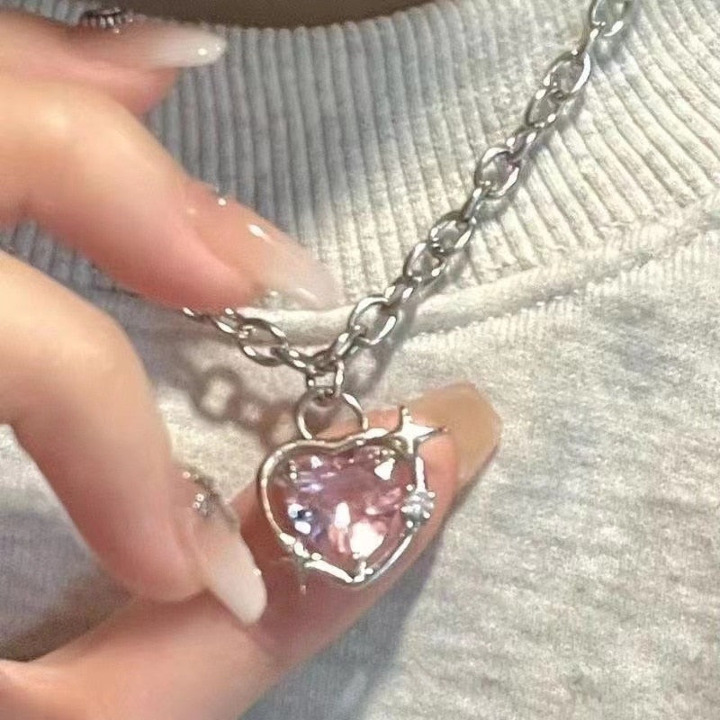 Gothic Chain Necklace with Pink Heart Drop Pendant and Earrings