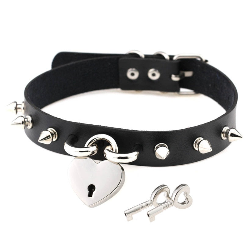 Gothic Choker Necklace with Spikes, Chains and Pendants