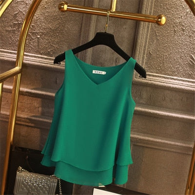 Summer Sleeveless Chiffon Blouse Solid V-neck