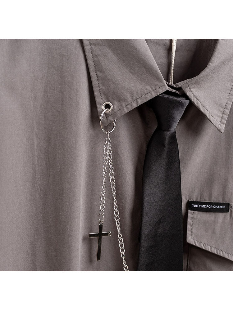 Men's Gothic Dress Shirt featuring a Unique Chain and Tie Design, Perfect for a Gothic Fashionista