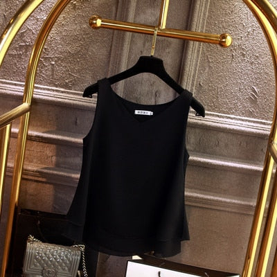 Summer Sleeveless Chiffon Blouse Solid V-neck