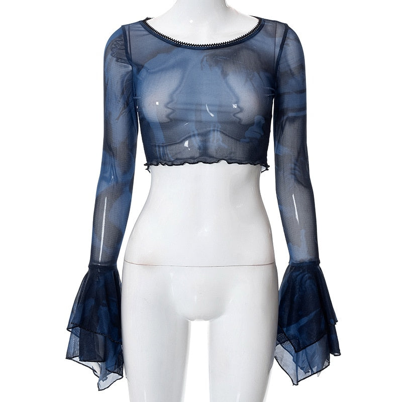 Gothic Mesh Crop Top with Flare Sleeves
