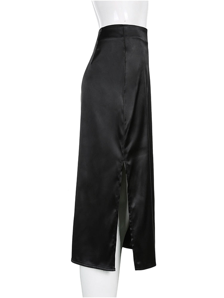Vintage-inspired Satin Skirt with High Waist and Bold Side Slit Detail"