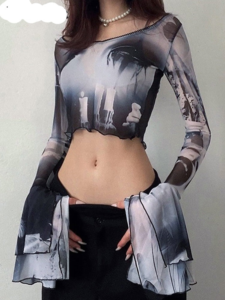 Gothic Mesh Crop Top with Flare Sleeves