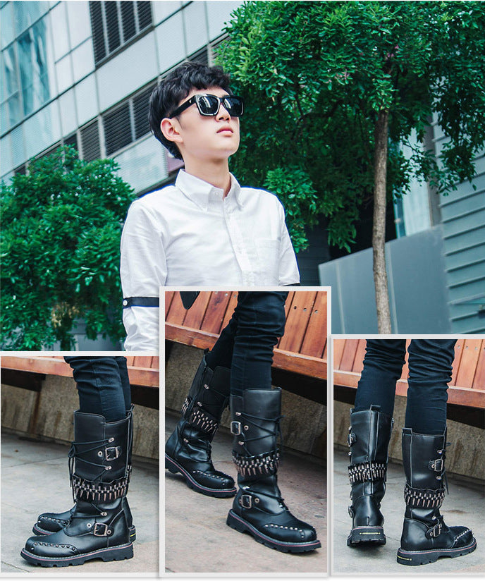 Men's Gothic Skull Belted Motorcycle Boots - Military Punk Combat Style