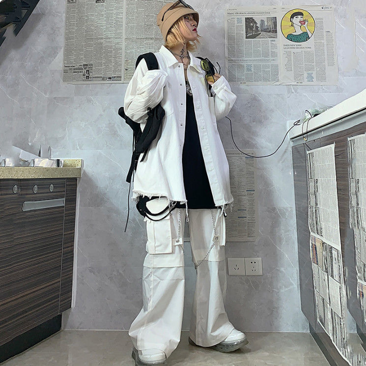 Gothic White Cargo Pants with Chain