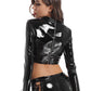 Fashionable Gothic Punk crop top with patent leather and buckle embellishments