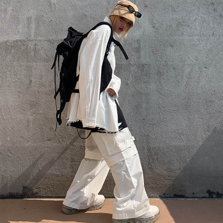 Gothic White Cargo Pants with Chain