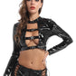Gothic Punk wet look patent leather crop top with buckles on a dark background
